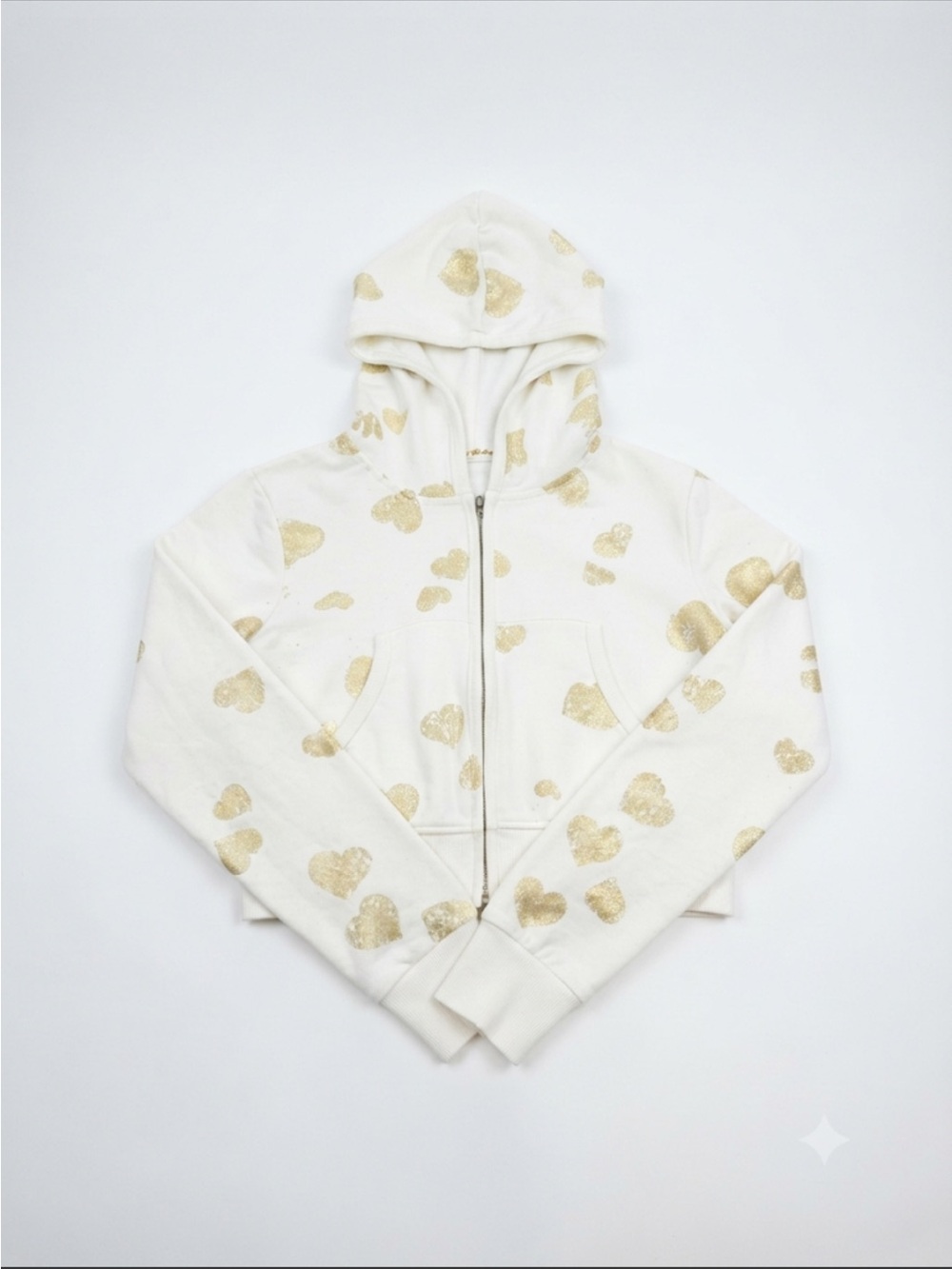 Kids Cream Zip Hoodie with Metallic Gold Heart Print